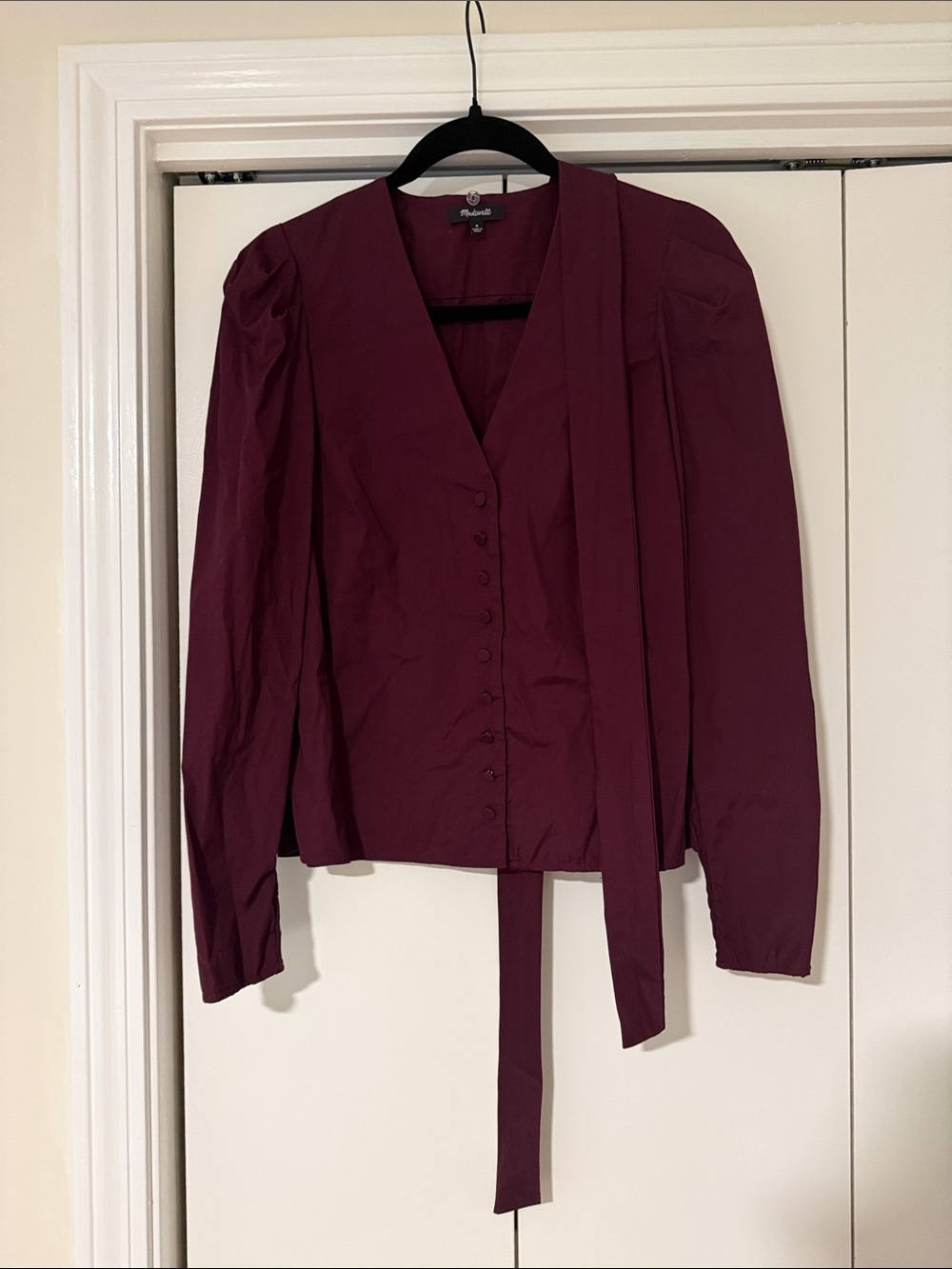Madewell Plum Button-Front Tie-Neck Blouse